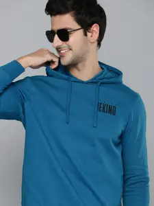 HERE&NOW Men Blue Typography Printed Pure Cotton Hooded Pullover Sweatshirt