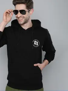 HERE&NOW Men Black Logo Printed Hooded Sweatshirt