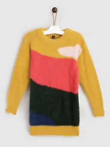 YK Girls Mustard Yellow & Pink Colourblocked Pullover with Fuzzy Detail