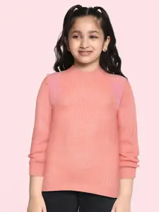 YK Girls Peach-Coloured Solid Sequined Pullover
