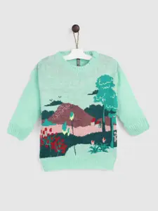 YK Girls Green & Pink Graphic Self-Design Pullover