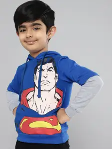 YK Justice League Boys Blue & Pink Superman Print Cotton Hooded Sweatshirt