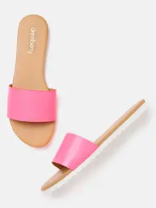 DressBerry Women Neon Pink Croc-Textured Open Toe Flats