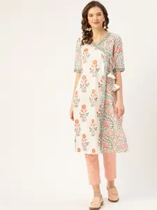 Sangria Women White & Peach-Coloured Ethnic Motifs Printed Pure Cotton Kurta