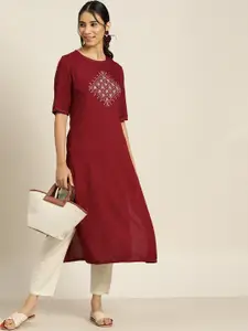 Sangria Women Maroon & White Ethnic Motifs Yoke Design Thread Work Straight Kurta
