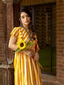 Sangria Mustard Yellow & White Striped Pure Cotton Ethnic A-Line Midi Dress