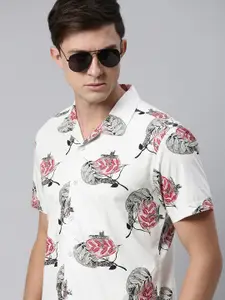 HERE&NOW Men White Slim Fit Floral Printed Cuban Collar Casual Shirt