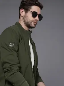 WROGN Men Olive Green Solid Mock-Collar Bomber Jacket