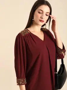 all about you Women Maroon Studded Regular Top