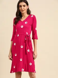 all about you Fuchsia & White Polka Dots Print A-Line Dress with Belt