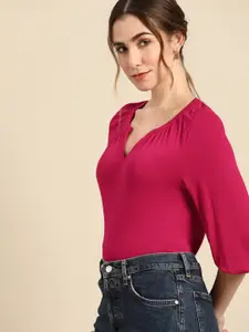 all about you Women Pink Solid Mandarin Collar Top