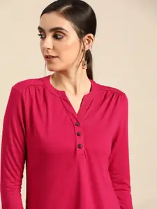 all about you Pink Sustainable EcoVero Solid Mandarin Collar Top