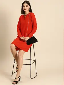 all about you Women Red Solid Keyhole Neck A-Line Dress