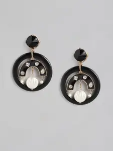 DressBerry Black & White Stone-Studded & Beaded Circular Drop Earrings