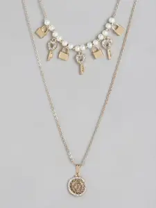 DressBerry Gold-Toned & Off-White Stone-Studded Beaded Layered Necklace