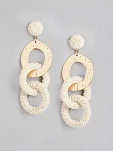 DressBerry Off White Gold-Plated Beaded & Hammered Circular Drop Earrings