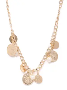 DressBerry Gold-Toned & White Beaded & Coin Detail Necklace
