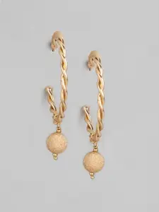 DressBerry Gold-Toned Twisted Crescent Shaped Drop Earrings with Beaded Detail