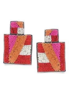 DressBerry Red & Orange Beaded Geometric Drop Earrings