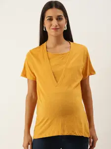 Nejo Women Yellow Maternity Knit Solid Regular Top