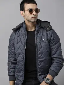 Roadster Men Navy Blue Padded Jacket with Detachable Hood
