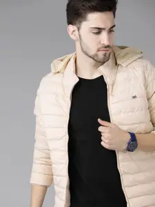 Roadster Men Cream-Coloured Solid Padded Jacket with Detachable Hood
