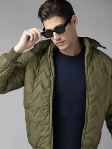 Roadster Men Olive Green Solid Quilted Bomber Jacket with Detachable Hood