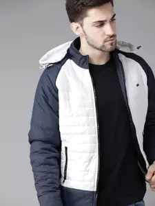 Roadster Men White & Navy Blue Solid Padded Jacket with Detachable Hood