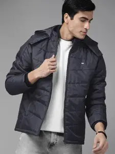 Roadster Men Navy Blue Solid Padded Jacket with Detachable Hood