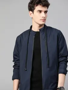 Roadster Men Navy Blue Solid Tailored Jacket With Attached Earphones
