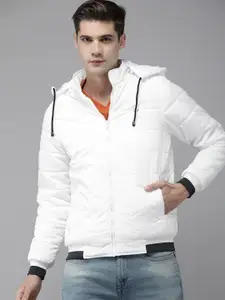 Roadster Men White Padded Jacket With Detachable Hood