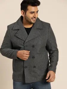 Sztori Plus Size Men Grey Melange Solid Regular Fit Casual Double Breasted Over Coat