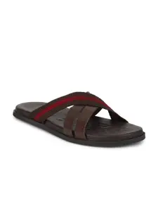 Louis Philippe Men Coffee Brown & Red Leather Comfort Sandals