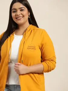 Sztori Women Plus Size Mustard Yellow Hooded Sweatshirt with Printed Back