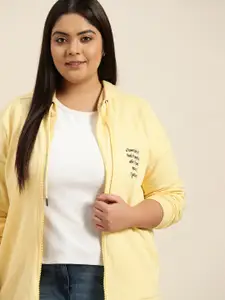 Sztori Women Yellow Plus Size Printed Hooded Sweatshirt