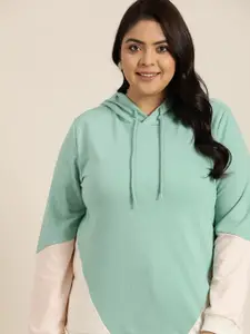 Sztori Plus Size Women Green Colourblocked Hooded Sweatshirt