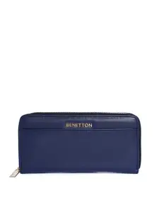 United Colors of Benetton Women Navy Blue Solid Synthetic Leather Zip Around Wallet