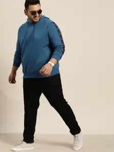 Sztori Men Plus Size Teal Blue Solid Hooded Sweatshirt