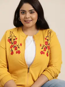 Sztori Women Plus Size Yellow & Red Floral Embroidered Sweatshirt