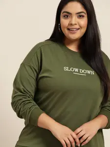 Sztori Women Plus Size Olive Green & Off-White Typography Print Sweatshirt