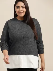 Sztori Women Plus Size Charcoal Grey & White Colourblocked Longline Sweatshirt