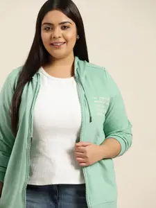 Sztori Plus Size Women Sea Green Printed Hooded Sweatshirt