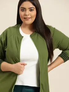 Sztori Women Plus Size Olive Green Solid Front-Open Sweatshirt