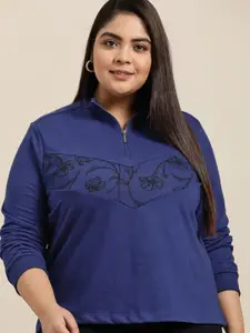 Sztori Plus Size Women Navy Blue Floral Printed Sweatshirt