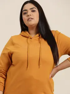 Sztori Women Plus Size Mustard Yellow Solid Hooded Sweatshirt