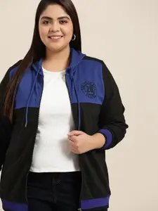 Sztori Plus Size Women Black & Blue Colourblocked Hooded Sweatshirt
