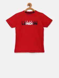 Pepe Jeans Boys Red Printed Round Neck  Pure Cotton T-shirt