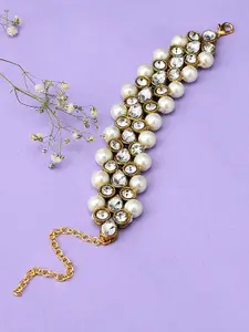 Zaveri Pearls White Gold-Plated Beaded & Studded Wraparound Bracelet