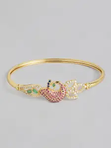 Zaveri Pearls Pink-Green-White Gold-Plated CZ Peacock Inspired Bangle-Style Bracelet