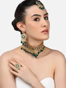 Zaveri Pearls Gold-Plated Green Meenakari Bridal Kundan Necklace Earring & Maang Tika Set